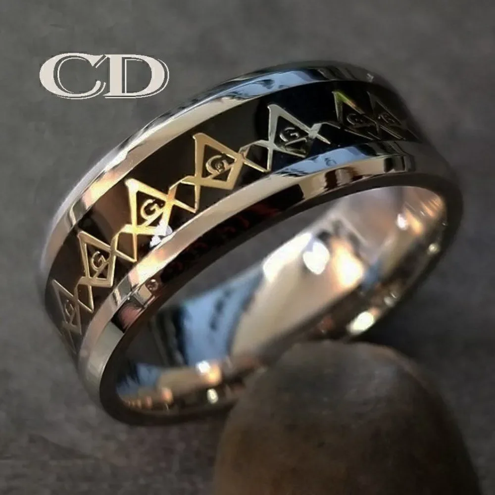 Masonic Compass Ring Engraved Personalized Black Gold Band - Freemason Ring